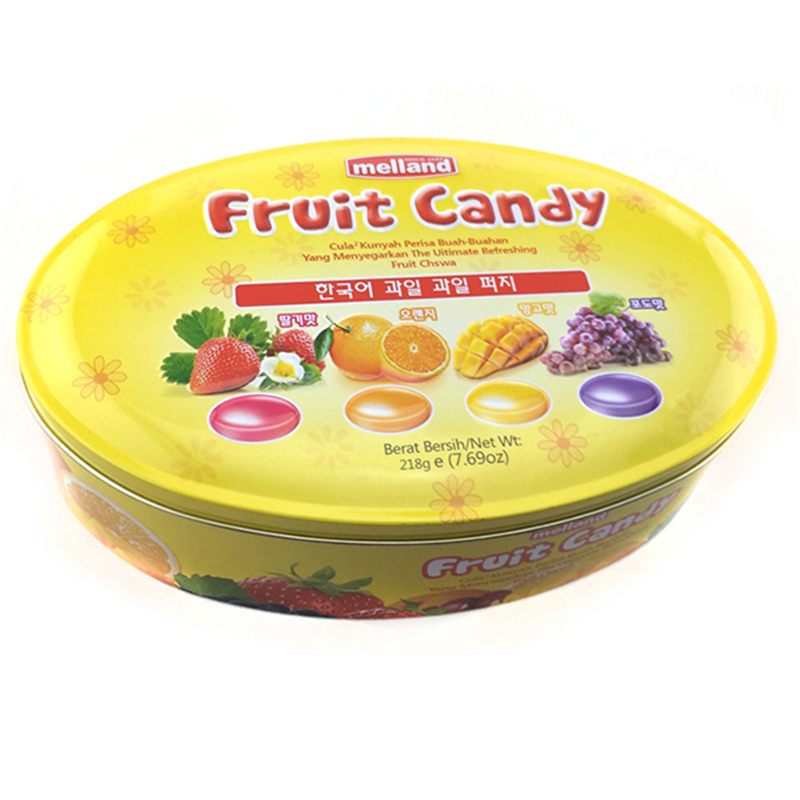 Custom oval-shaped fruit candy tin box with embossed logo