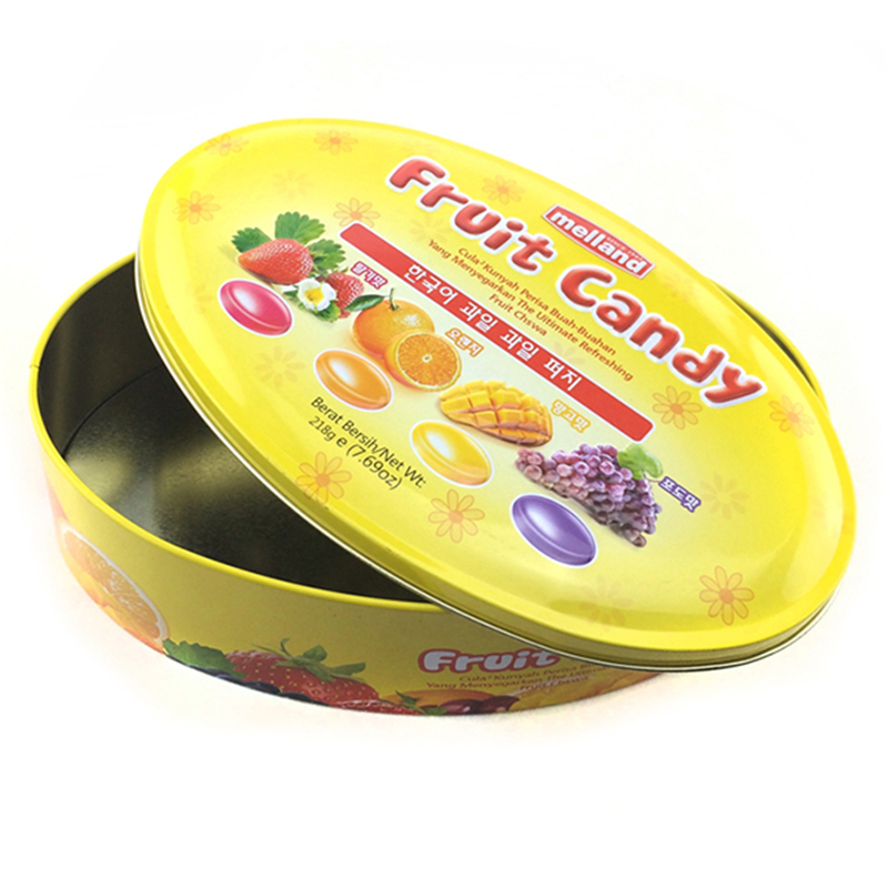 Custom oval-shaped fruit candy tin box with embossed logo