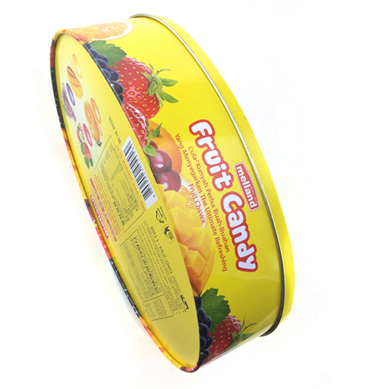 Custom oval-shaped fruit candy tin box with embossed logo