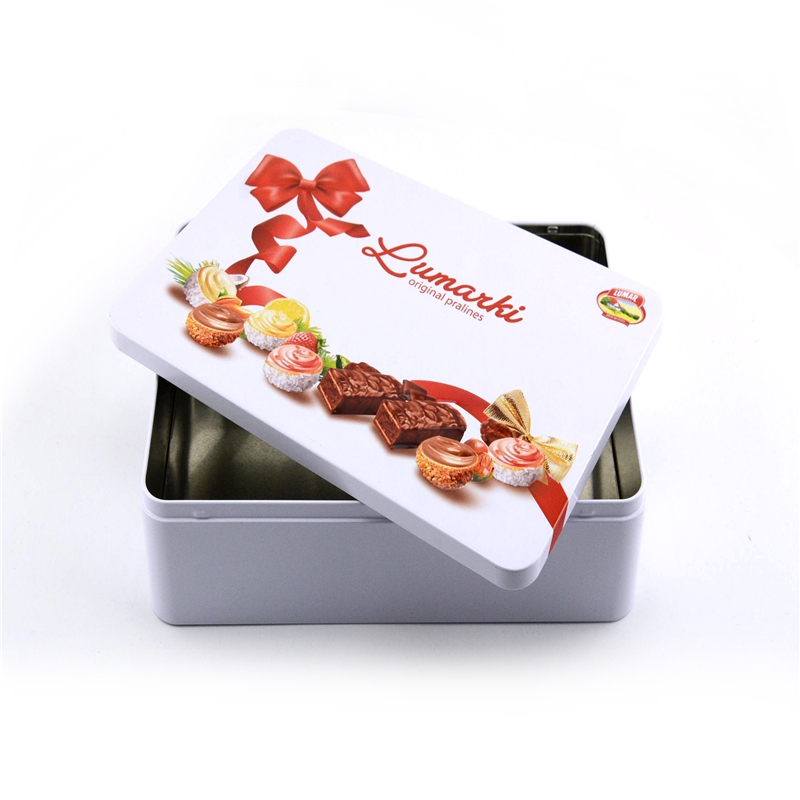 Food grade custom printed rectangular chocolate cookie tin box with embossed logo