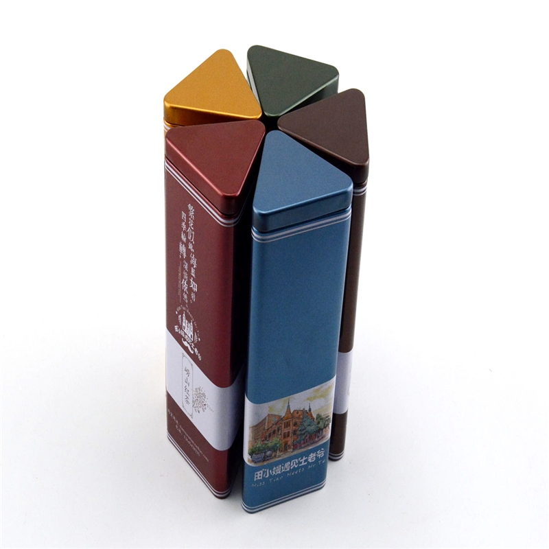 Custom triangle- shaped tea tin box with plug lid