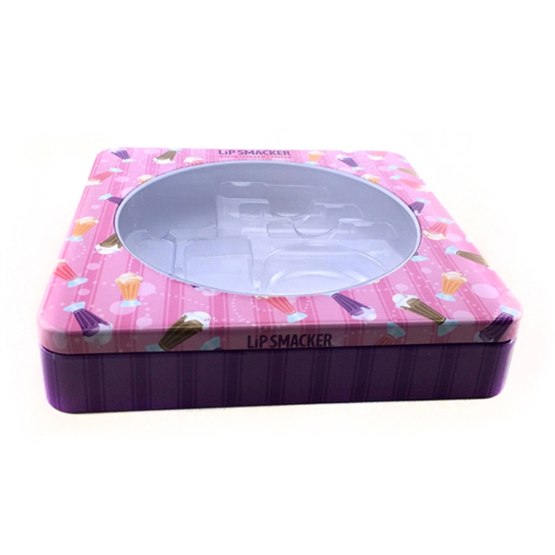 Small square cosmetic tin box for lip gloss with PVC window