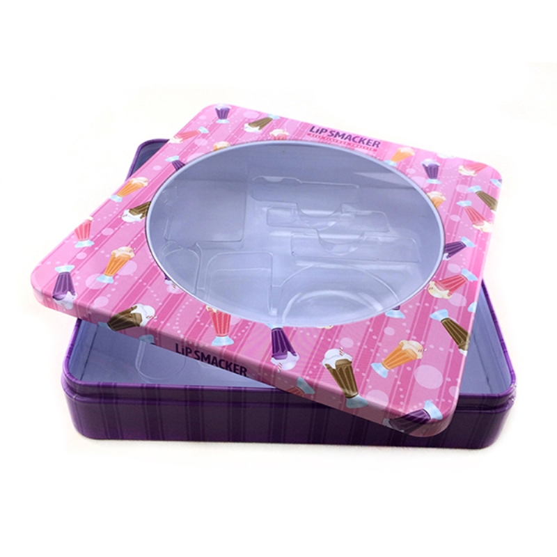 Small square cosmetic tin box for lip gloss with PVC window